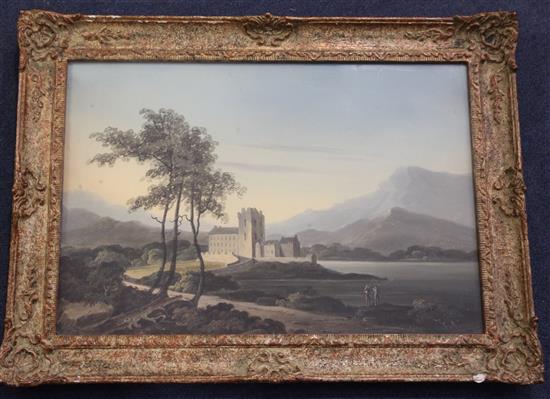 William Payne (1760-1830) / Thomas Walmsley (1763-1806) Ross Castle, Lake of Killarney and Cockermouth Castle, Cumberland 11 x 16.5in.